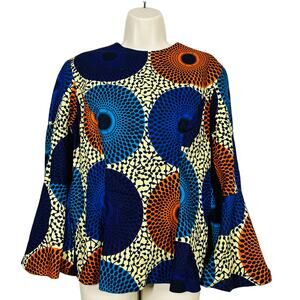 Handmade Mid Mod Peasant Top High Neck Print Bell Sleeve - L